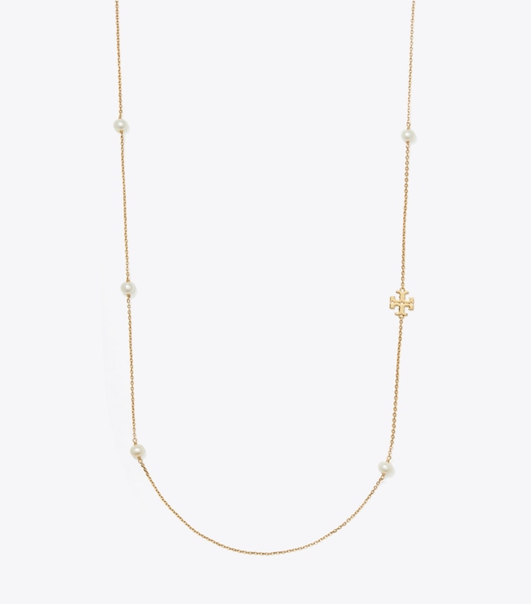 Tory Burch designer necklaces Long Kira Pearl Necklace in Tory Gold / Pearl front