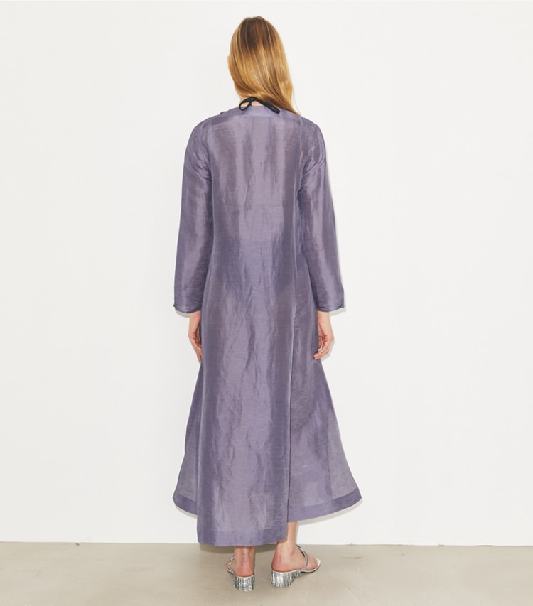 Tory Burch designer coverups Long Linen Caftan in Lavender on model back