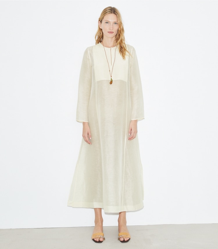 Tory Burch designer coverups Long Linen Caftan in New Ivory on model front
