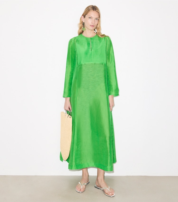 Tory Burch designer coverups Long Linen Caftan in Bright Green on model front