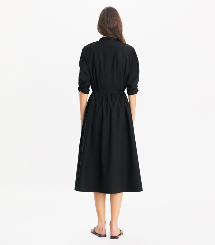 Tory Burch designer coverups Long Poplin Shirtdress in Black on model back