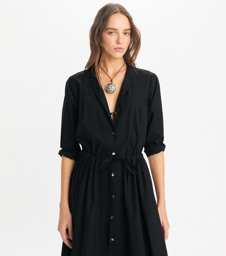 Tory Burch designer coverups Long Poplin Shirtdress in Black front