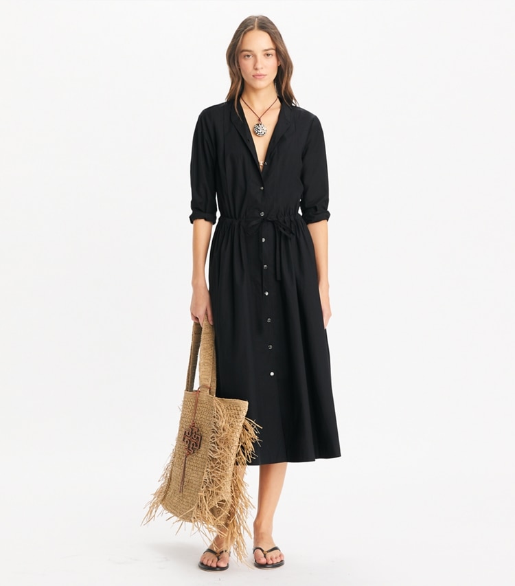 Tory Burch designer coverups Long Poplin Shirtdress in Black on model front