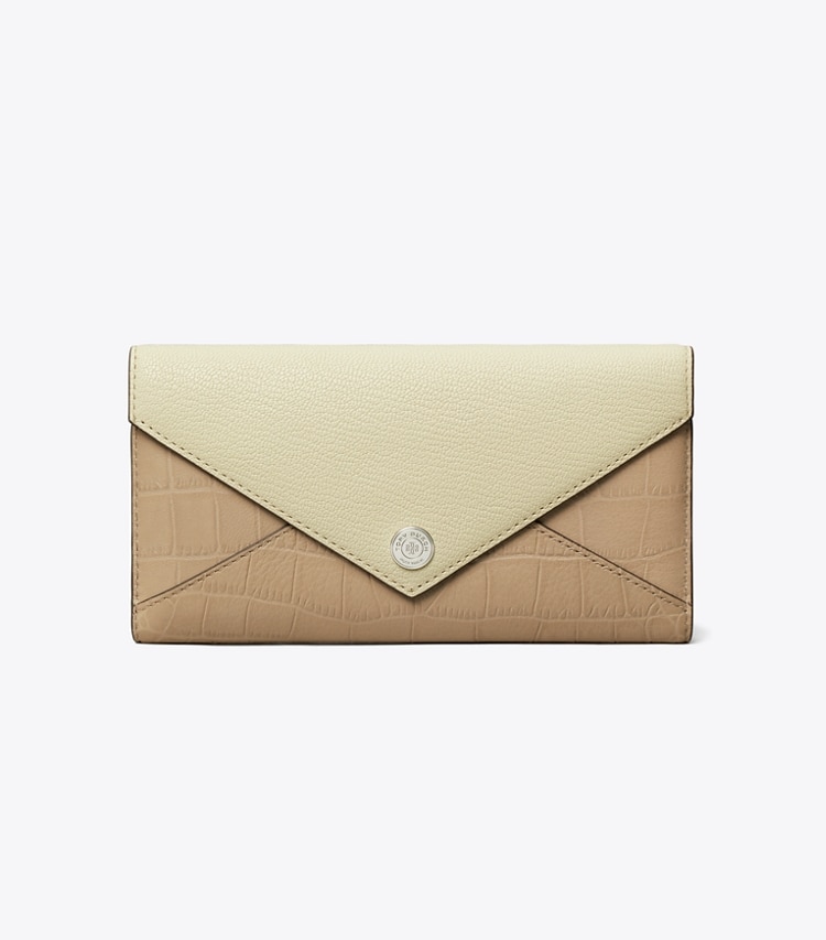 Tory Burch designer portefeuilles Long portefeuille enveloppe à blocs de couleurs dans Soft Custard Multi de face