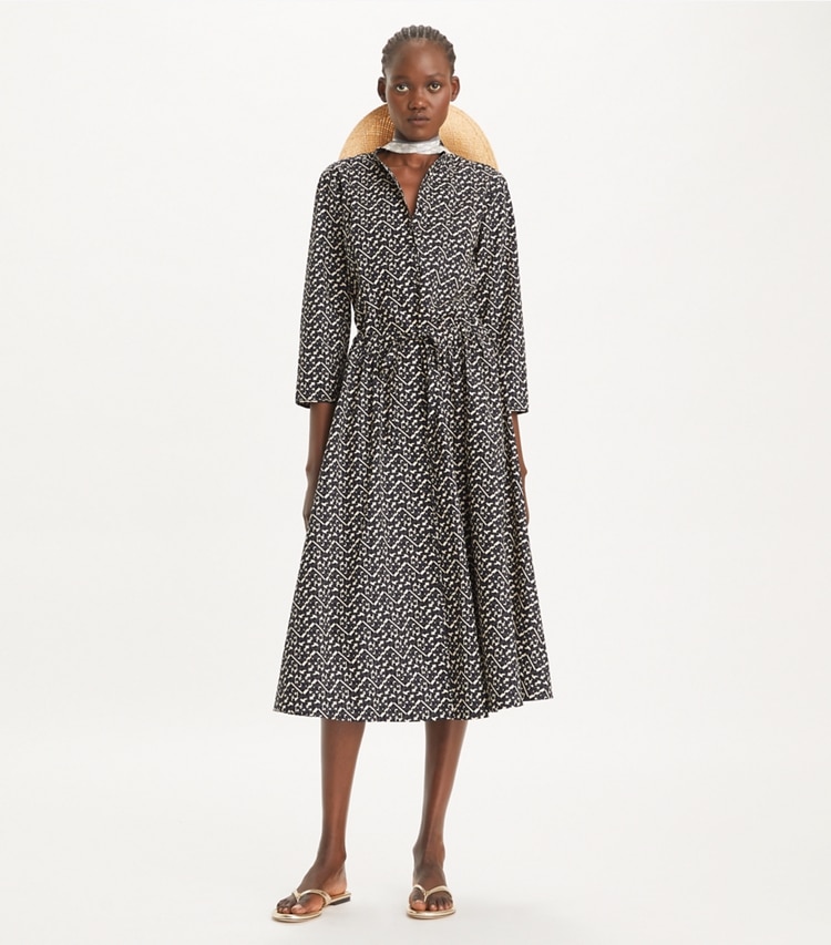 Tory Burch designer coverups Long Printed Poplin Shirtdress in Black Prismatic T Monogram Small on model front
