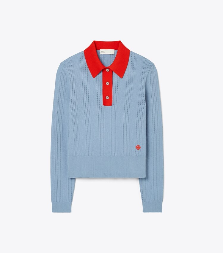 Tory Sport designer sweaters Long-Sleeve Cotton Pointelle Polo in Seafaring / Radiant Red front