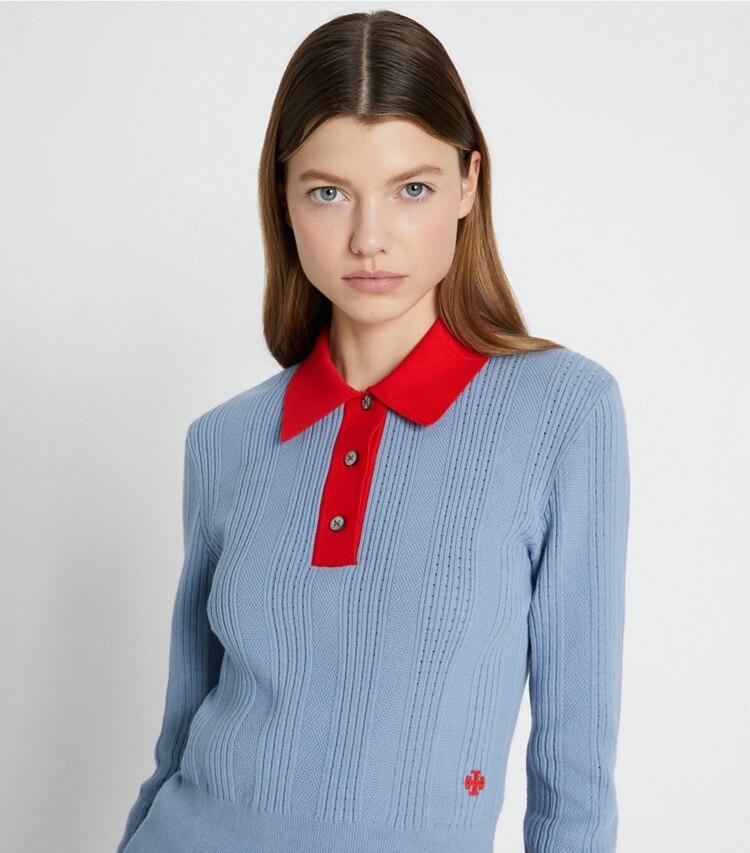 Tory Sport designer sweaters Long-Sleeve Cotton Pointelle Polo in Seafaring / Radiant Red on model detail