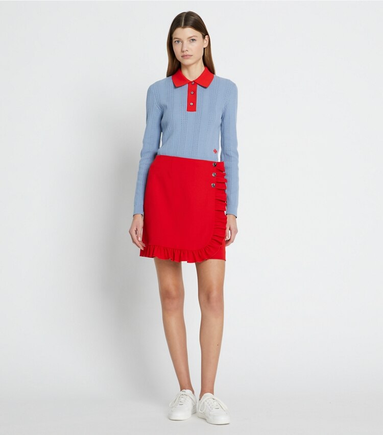 Tory Sport designer sweaters Long-Sleeve Cotton Pointelle Polo in Seafaring / Radiant Red on model front
