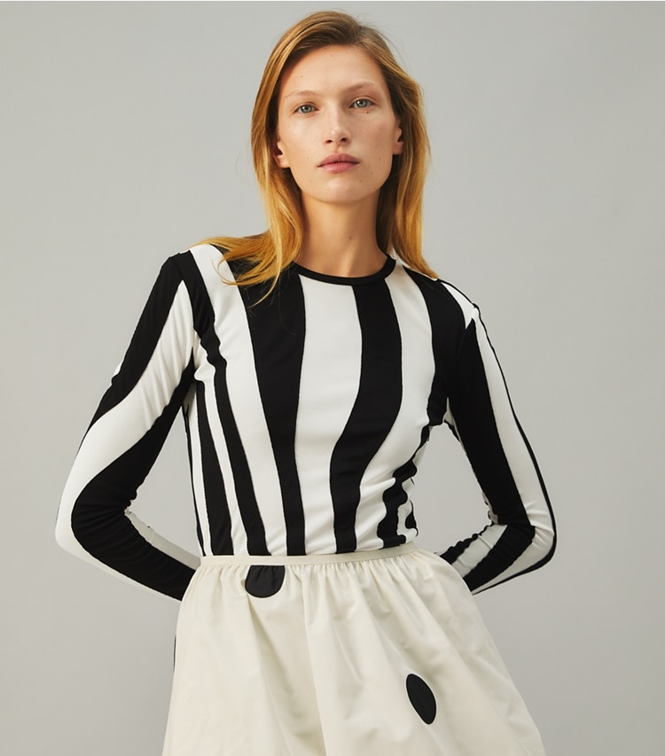Tory Burch designer tops Long-Sleeve Jersey Top in Black on model detail
