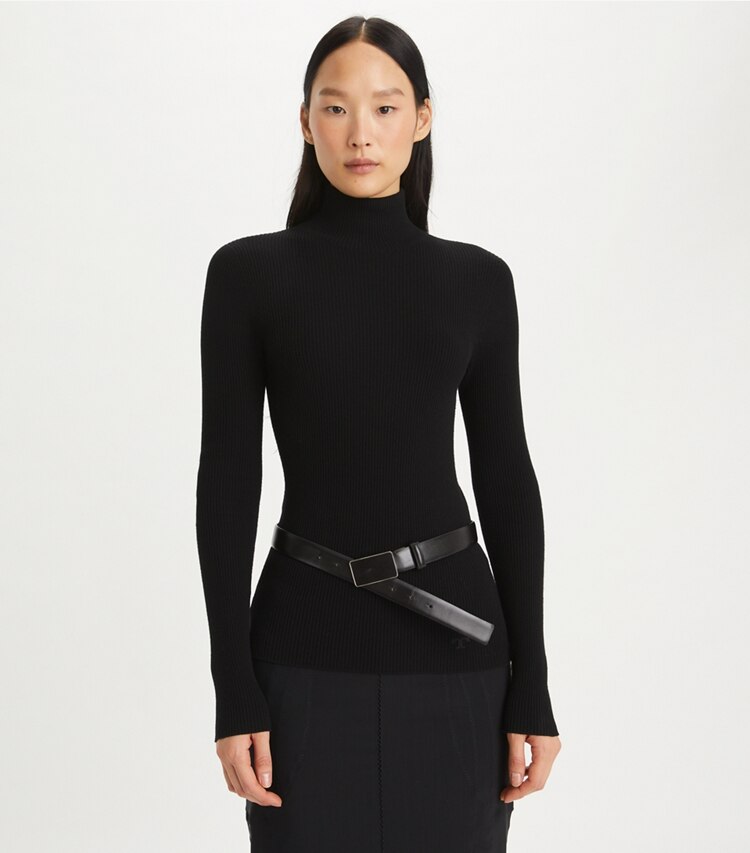 Tory Burch designer sweaters Long Sleeve Mockneck Pullover in Black on model detail