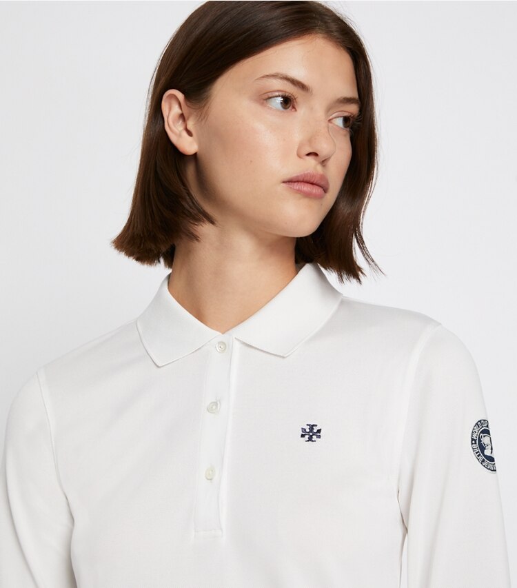 Tory Sport designer tops Long-Sleeve Polo in Snow White on model detail