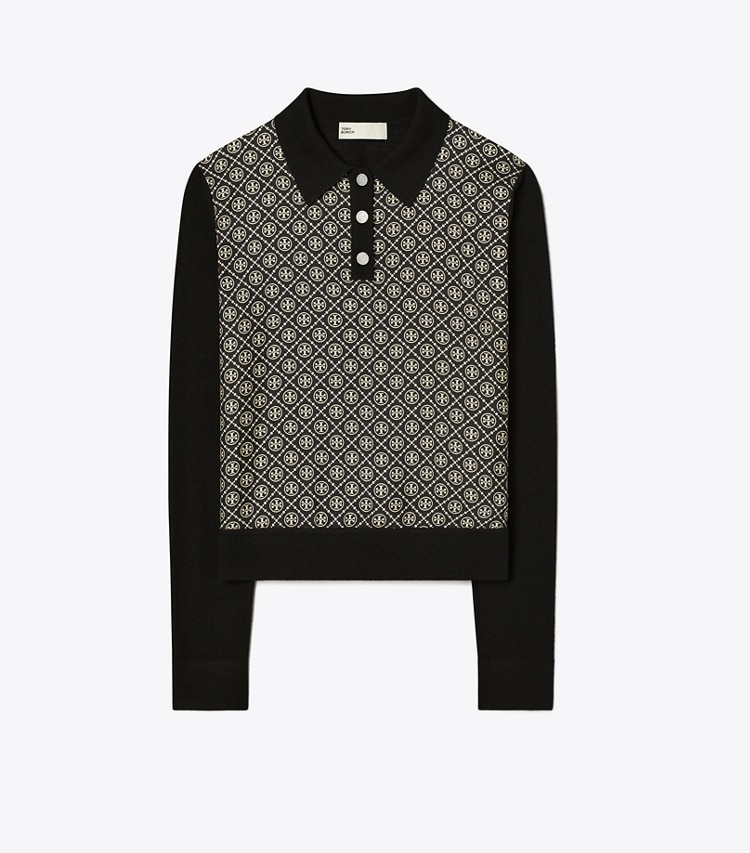 Tory Burch designer セーター ロングスリーブ シルクフロント ポロシャツ in Black / Black T Monogram Mini front