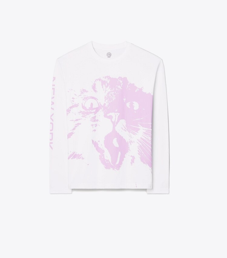 Tory Burch designer トップス ロングスリーブ Tシャツ in White International NY LS Pink Cat front