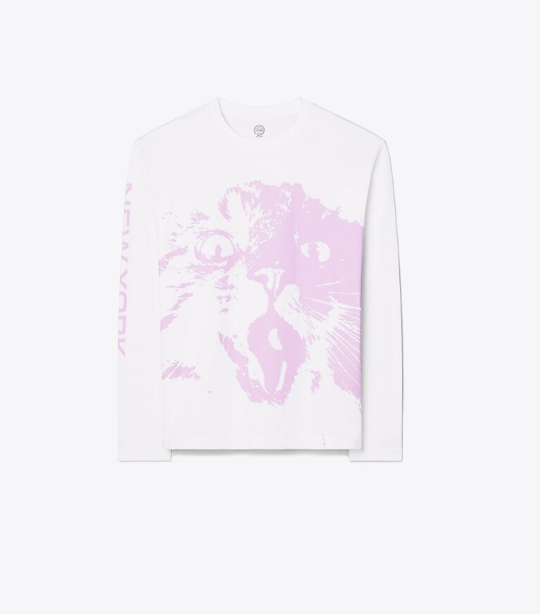 Tory Burch designer トップス ロングスリーブ Tシャツ in White International NY LS Pink Cat front