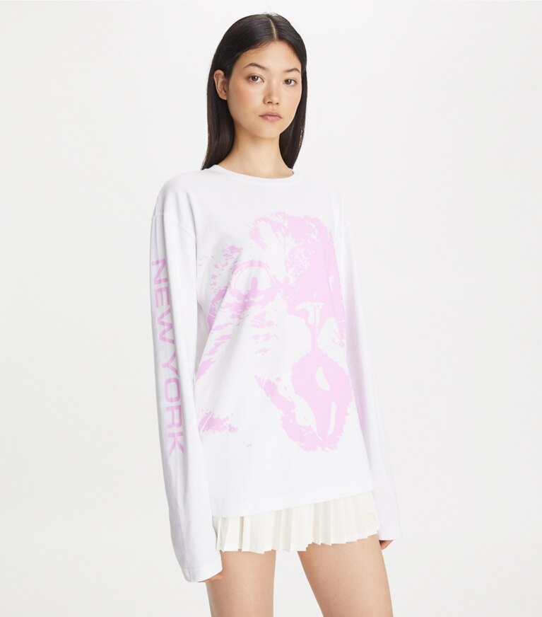 Tory Burch designer トップス ロングスリーブ Tシャツ in White International NY LS Pink Cat front