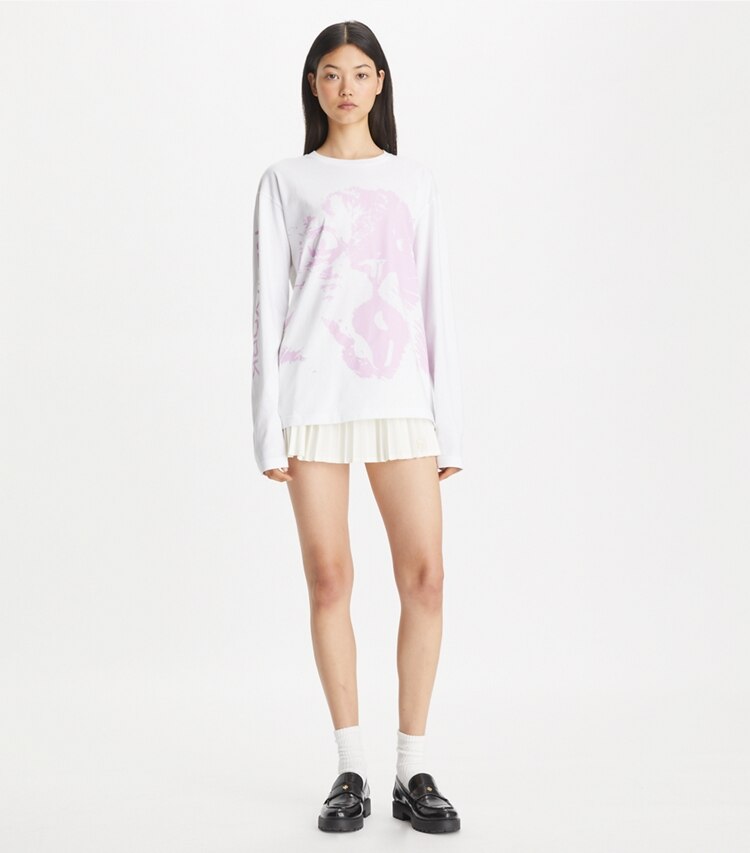 Tory Burch designer トップス ロングスリーブ Tシャツ in White International NY LS Pink Cat モデル前面