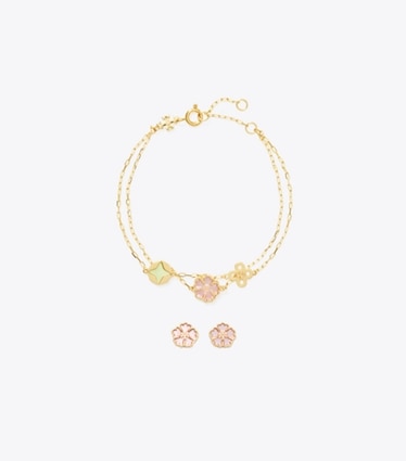 Tory Burch designer boites à bijoux Lot-cadeau bracelet et boucles d'oreilles Forget Me Not dans Tory Gold / Multi de face