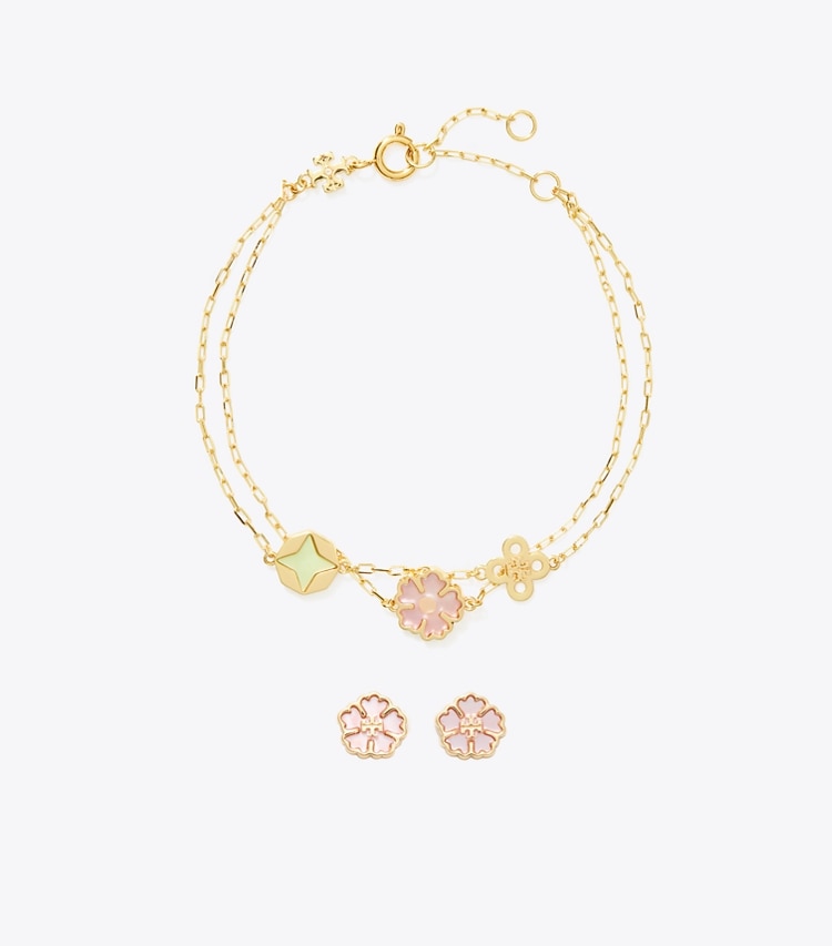 Tory Burch designer boites à bijoux Lot-cadeau bracelet et boucles d'oreilles Forget Me Not dans Tory Gold / Multi de face
