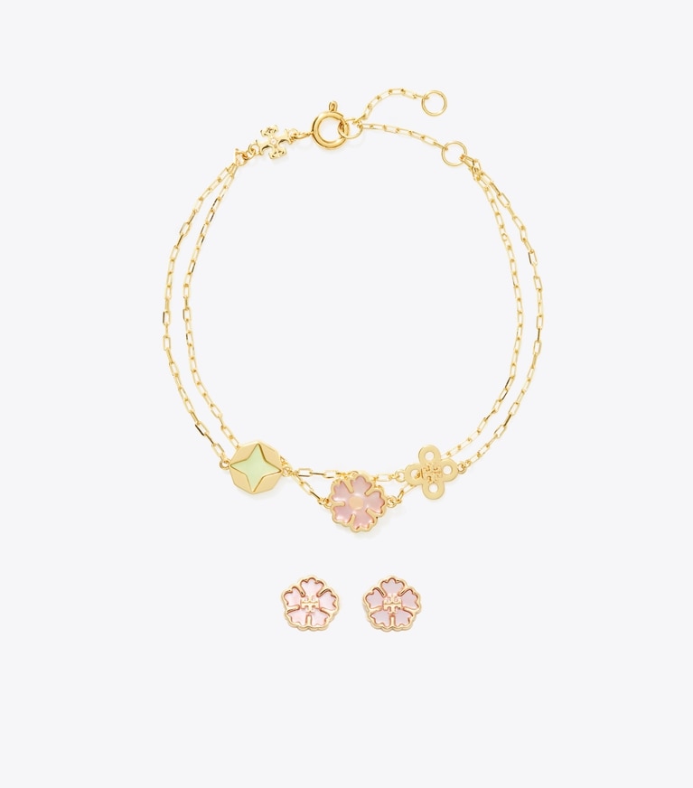 Tory Burch designer boites à bijoux Lot-cadeau bracelet et boucles d'oreilles Forget Me Not dans Tory Gold / Multi de face