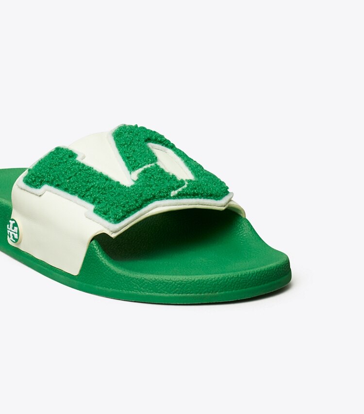 Tory Sport designer sandals Love Slide Sandals in Snow White / Vineyard detail