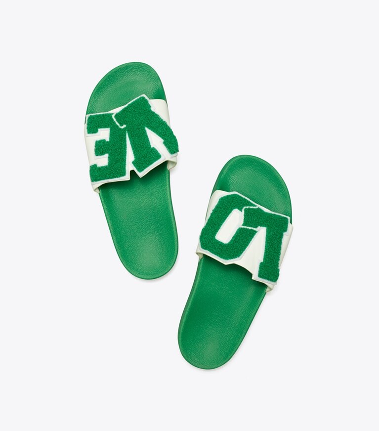 Tory Sport designer sandals Love Slide Sandals in Snow White / Vineyard overhead