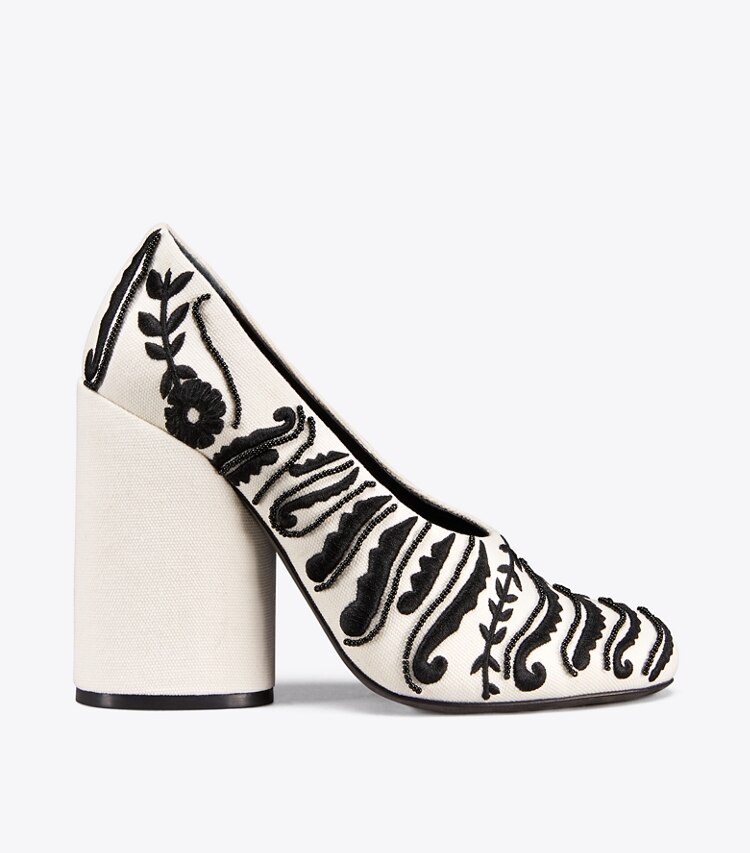 Tory Burch designer heels Lucia Embellished Pump in Ivory / Black angle