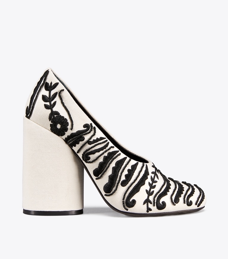 Tory Burch designer heels Lucia Embellished Pump in Ivory / Black angle