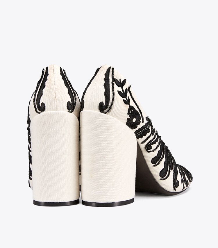 Tory Burch designer heels Lucia Embellished Pump in Ivory / Black back