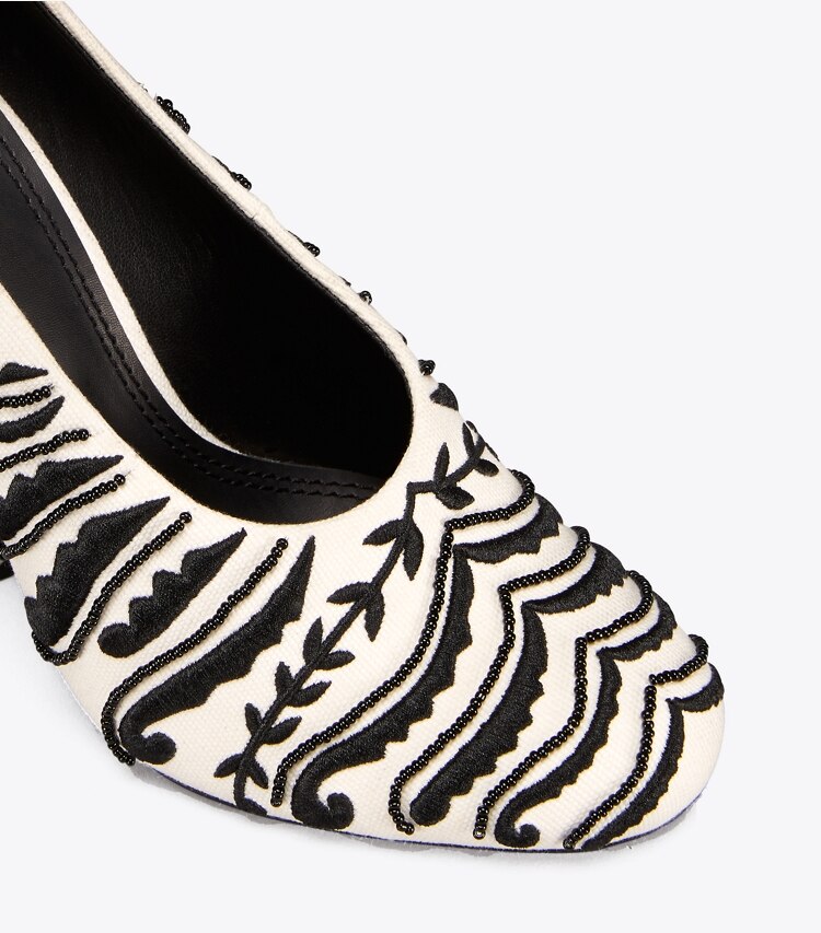 Tory Burch designer heels Lucia Embellished Pump in Ivory / Black detail