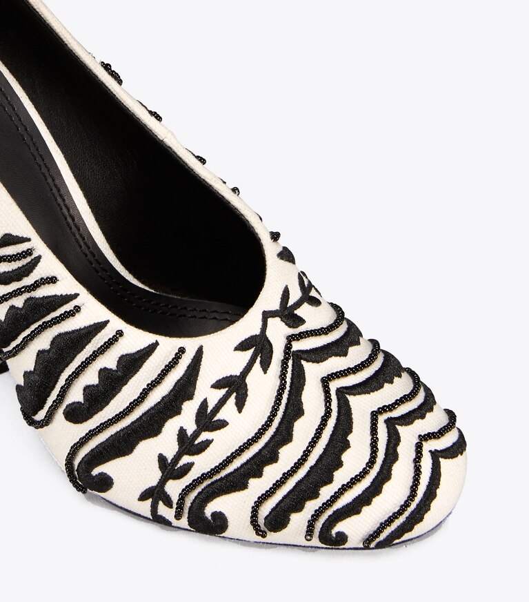 Tory Burch designer heels Lucia Embellished Pump in Ivory / Black angle