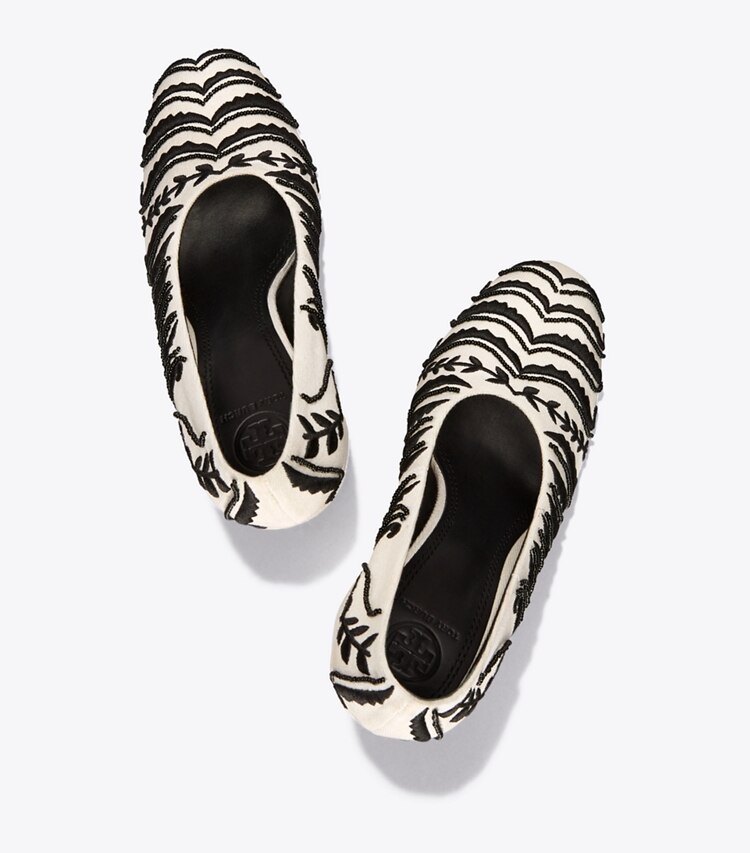 Tory Burch designer heels Lucia Embellished Pump in Ivory / Black overhead