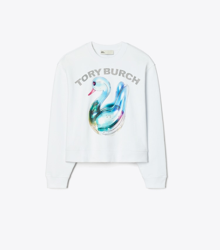 Tory Burch designer sweaters Lucky Duck Cotton Sweatshirt in White Glass Swan front
