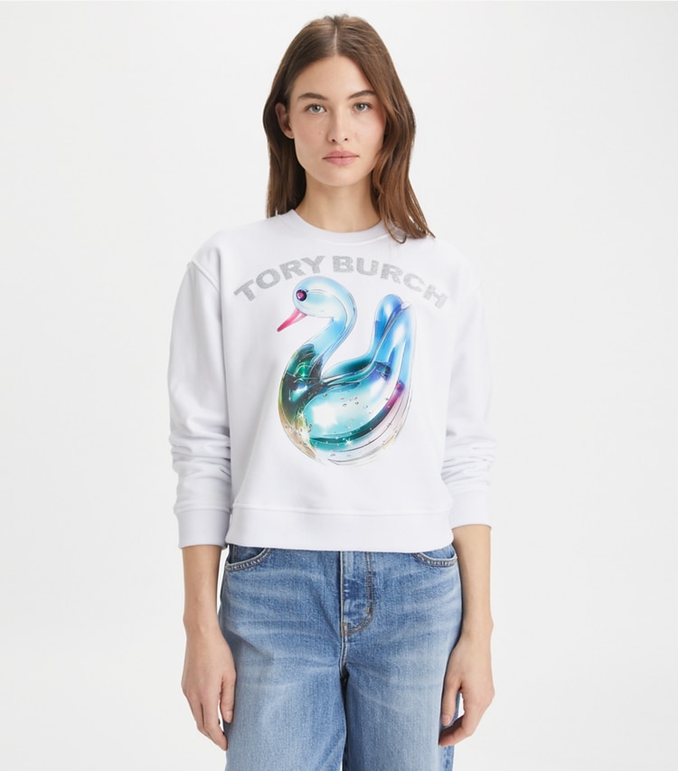 Tory Burch designer sweaters Lucky Duck Cotton Sweatshirt in White Glass Swan on model detail