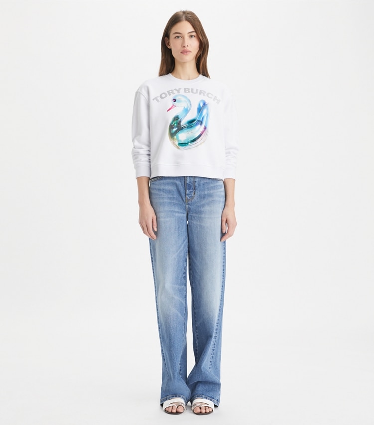 Tory Burch designer sweaters Lucky Duck Cotton Sweatshirt in White Glass Swan on model front