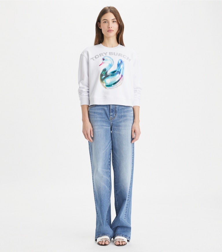 Tory Burch designer sweaters Lucky Duck Cotton Sweatshirt in White Glass Swan front