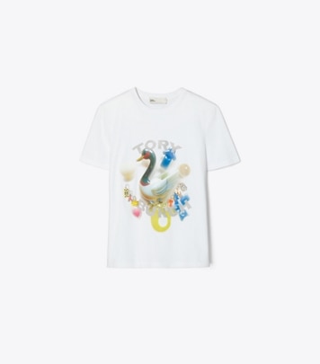 Tory Burch designer トップス ラッキーダック コットン Tシャツ in White Charm Duck T-Shirt front
