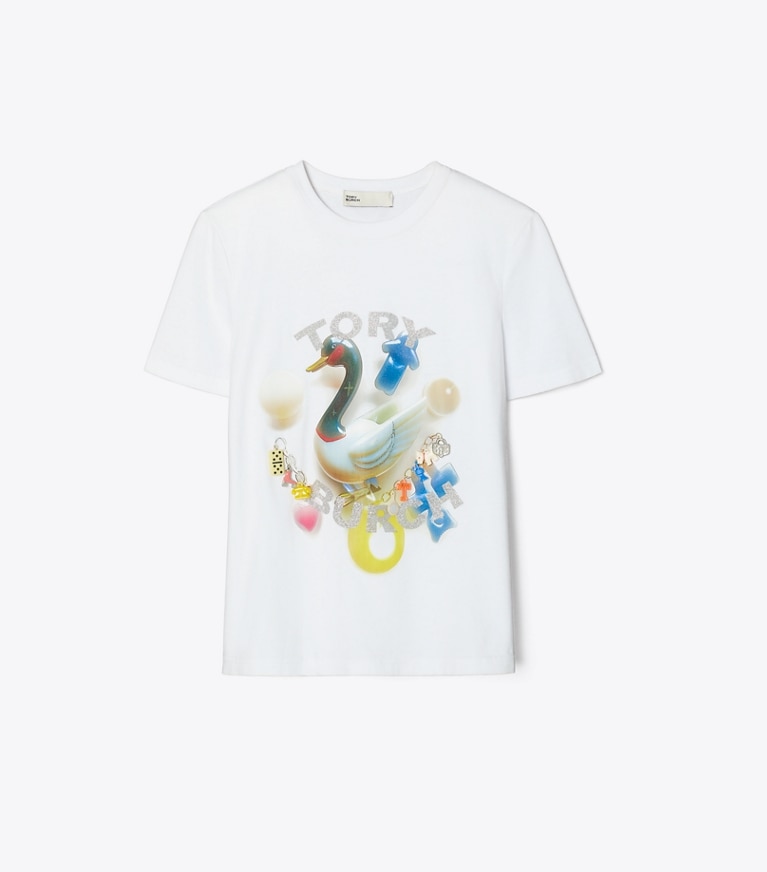 Tory Burch designer tops Lucky Duck Cotton T-shirt in White Charm Duck T-Shirt front