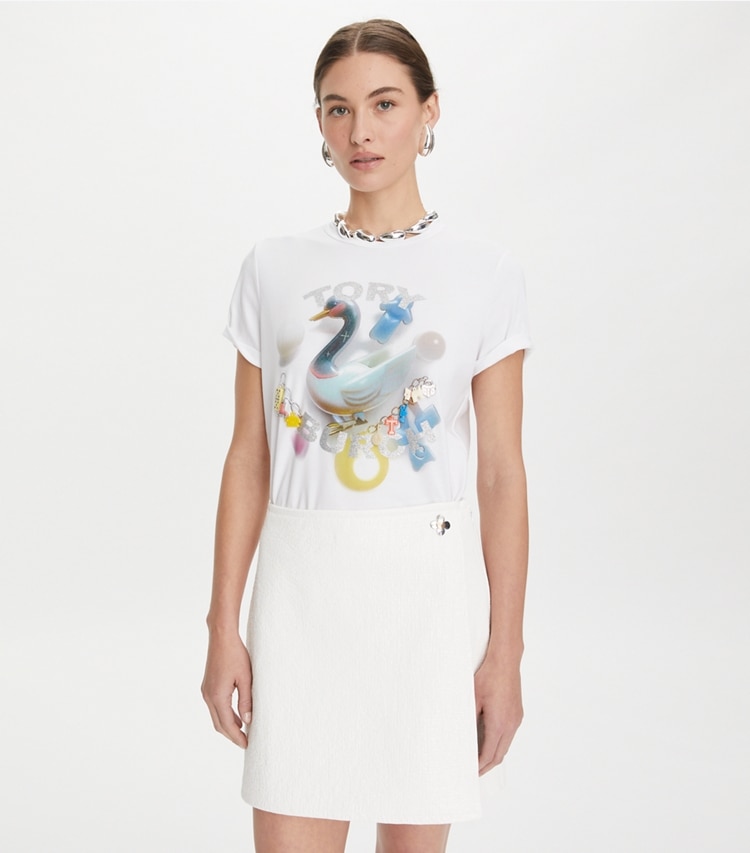 Tory Burch designer tops Lucky Duck Cotton T-shirt in White Charm Duck T-Shirt on model detail