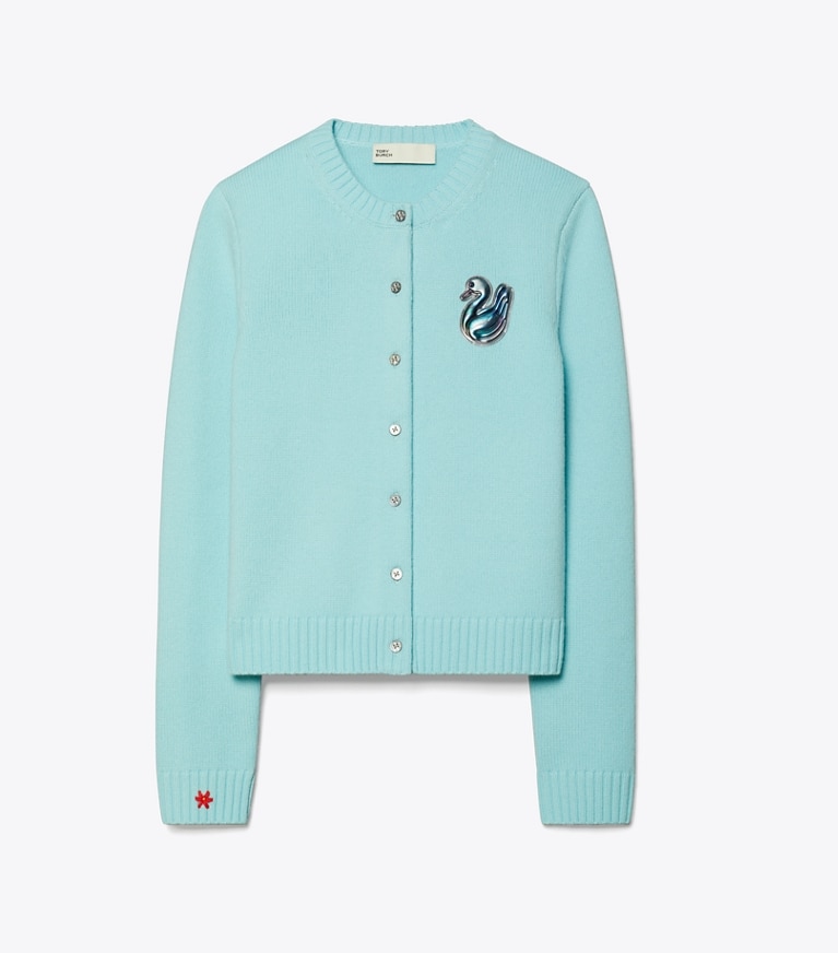 Tory Sport designer sweaters Lucky Duck Merino Wool Cardigan in Pastel Sky front