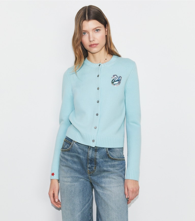 Tory Sport designer sweaters Lucky Duck Merino Wool Cardigan in Pastel Sky front
