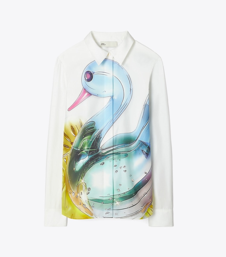 Tory Burch designer トップス ラッキーダック シルク シャツ in Blue Glass Swan front