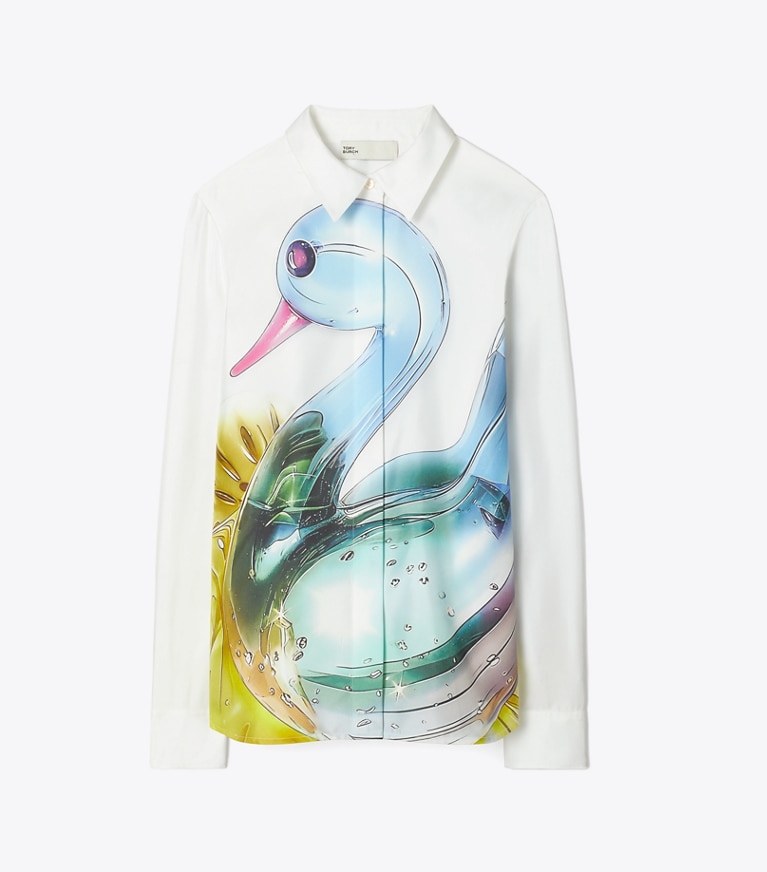 Tory Burch designer トップス ラッキーダック シルク シャツ in Blue Glass Swan front