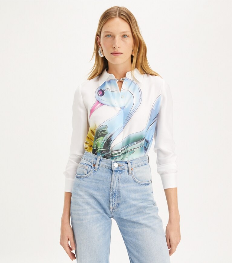 Tory Burch designer トップス ラッキーダック シルク シャツ in Blue Glass Swan front