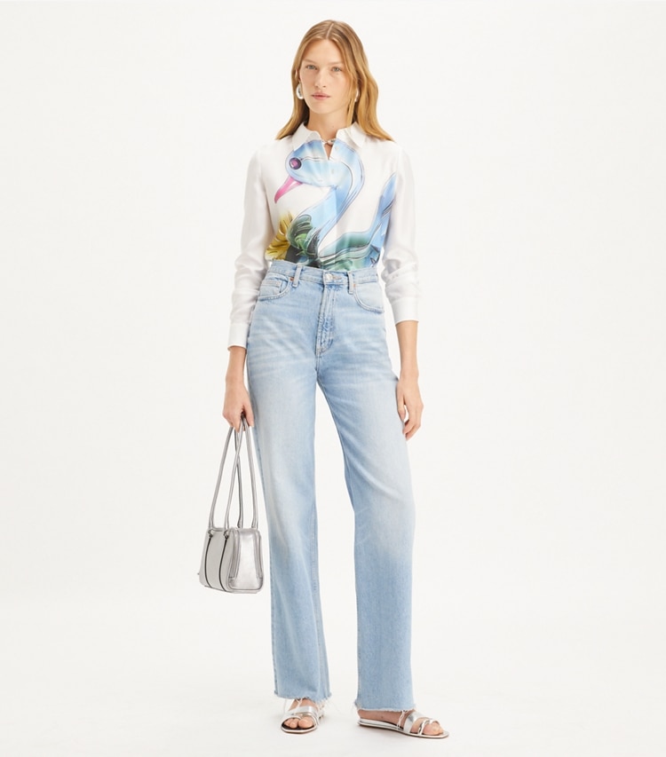 Tory Burch designer トップス ラッキーダック シルク シャツ in Blue Glass Swan モデル前面