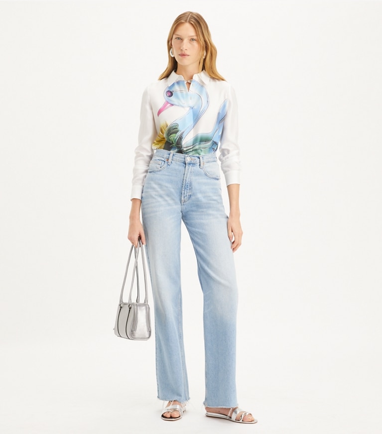 Tory Burch designer トップス ラッキーダック シルク シャツ in Blue Glass Swan front