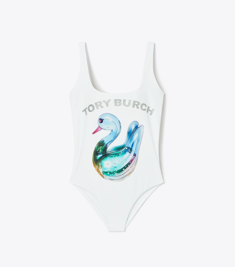 Tory Burch designer one pieces Lucky Duck Tank Swimsuit in White Glass Swan front