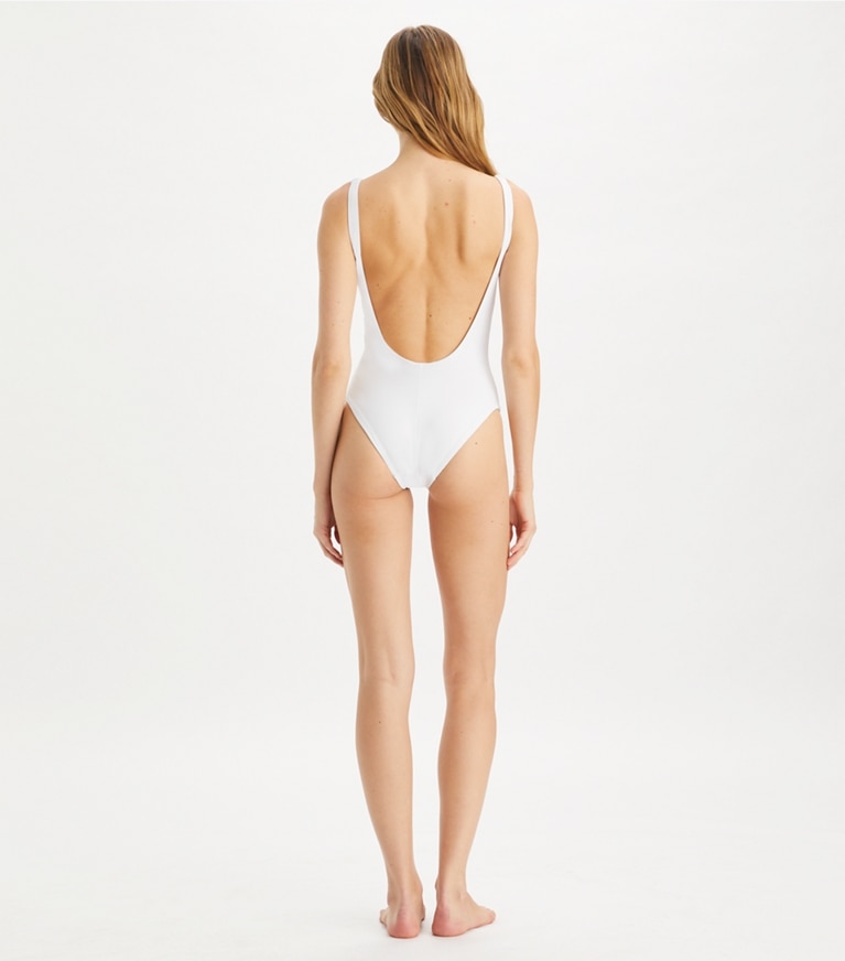 Tory Burch designer one pieces Lucky Duck Tank Swimsuit in White Glass Swan front