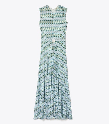 Tory Burch designer dresses Lucky Duck Viscose and Silk Dress in Blue Glass Swan Allover front