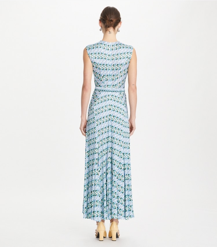 Tory Burch designer dresses Lucky Duck Viscose and Silk Dress in Blue Glass Swan Allover on model back