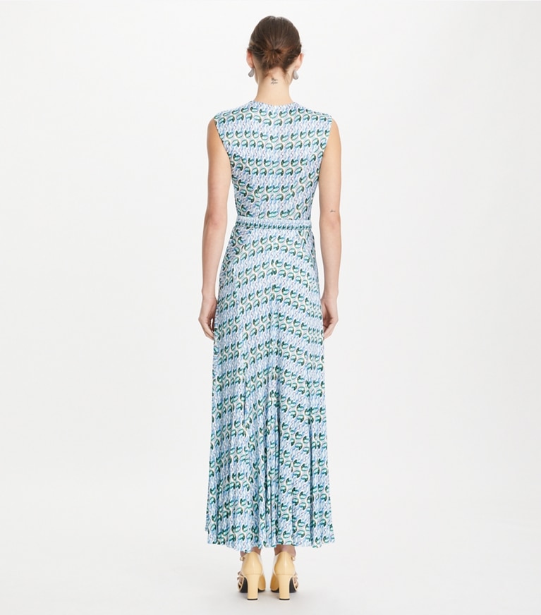 Tory Burch designer dresses Lucky Duck Viscose and Silk Dress in Blue Glass Swan Allover front